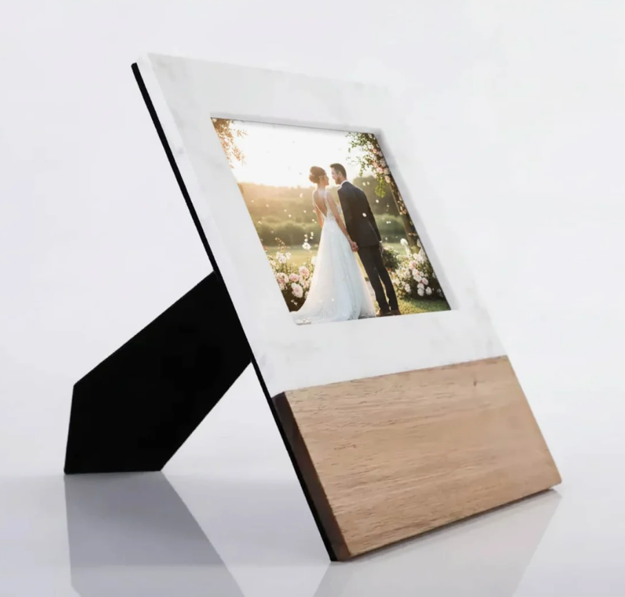 Marble & Acacia Wood Picture Frame Stand – 5x7 | Personalized Engraved Frame | Luxury Keepsake Gift