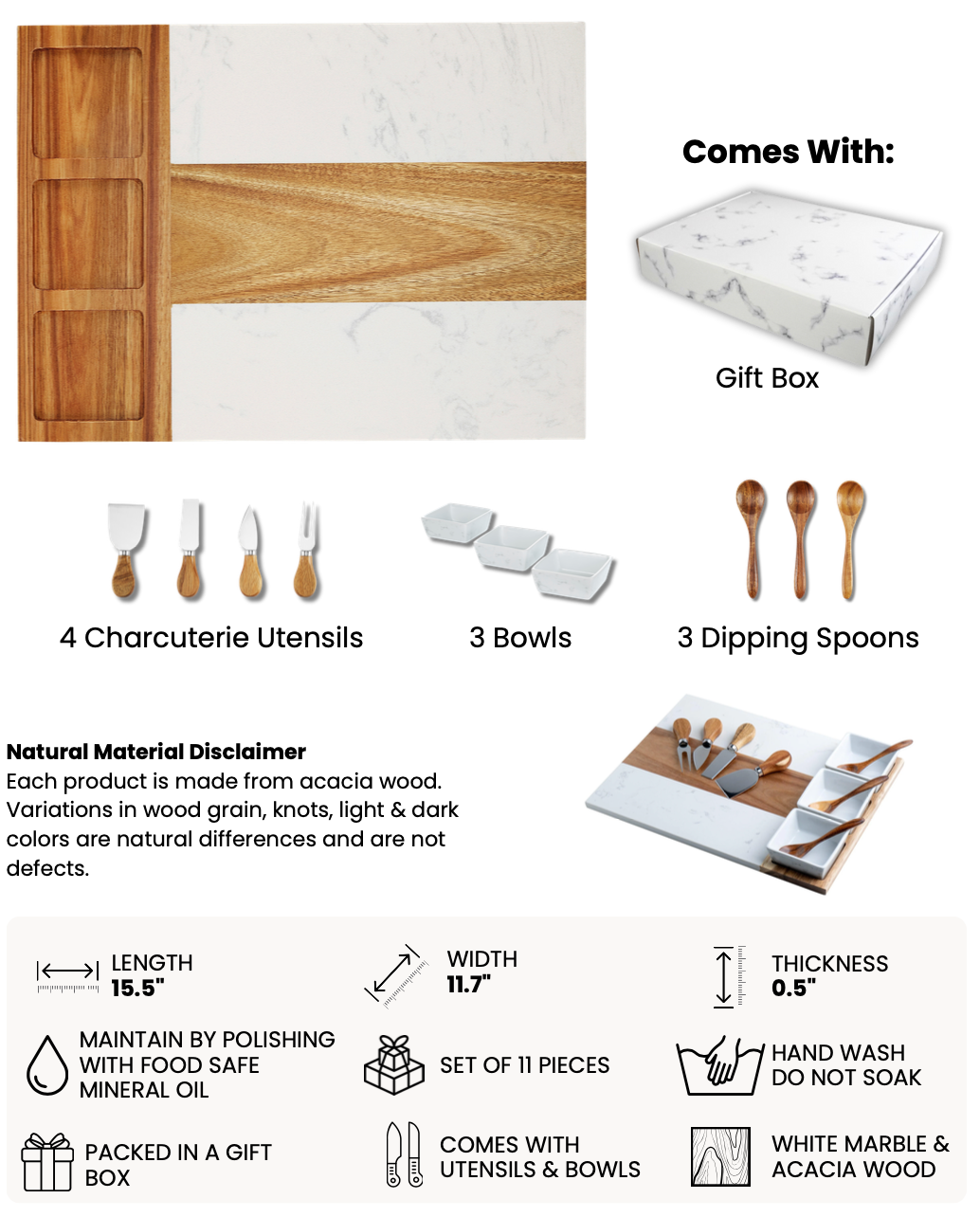 Marble Charcuterie Board - 11 Piece Set