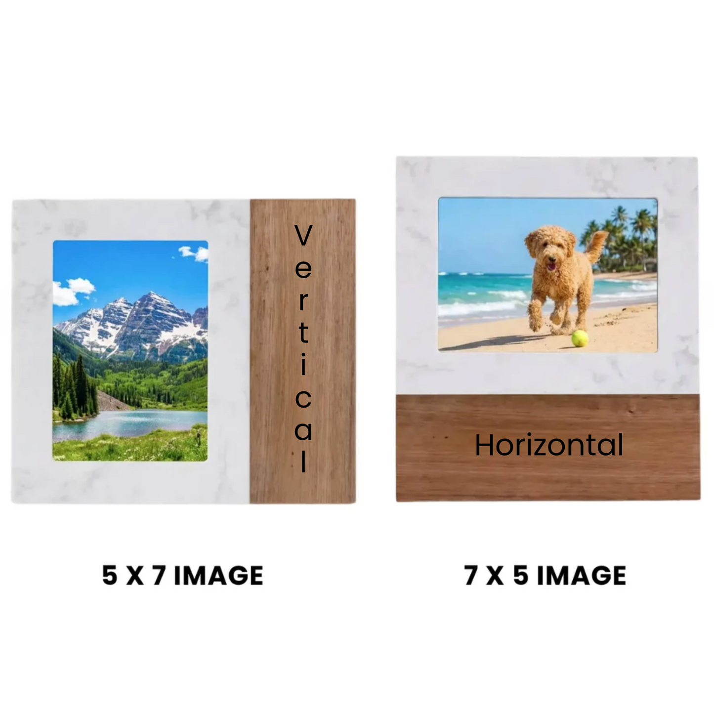 Marble & Acacia Wood Picture Frame Stand – 5x7 | Personalized Engraved Frame | Luxury Keepsake Gift