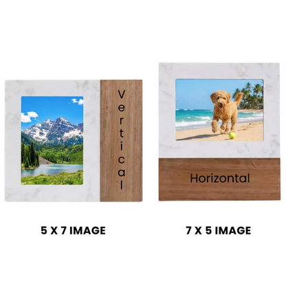 Marble & Acacia Wood Picture Frame Stand – 5x7 | Personalized Engraved Frame | Luxury Keepsake Gift